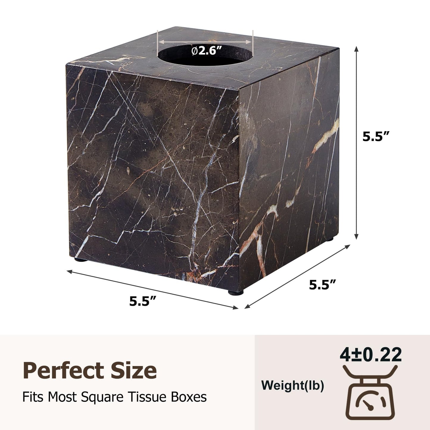 Real Natural Marble Tissue Box Cover, 5.5 Inch Square Marble Tissue Box Holder with Open Bottom, Heavy Stone Decorative Organizer for Bathroom Vanity, Kitchen Countertop, Luxury Home Décor