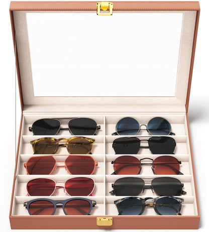 sensok Sunglasses Organizer Storage Box - 10 Slots Eyeglass Display Case for Multiple Pair Glasses, Sunglass Holder with Clear Glass Lid, Jewelry and Watch Collection Box for Women and Men, Brown
