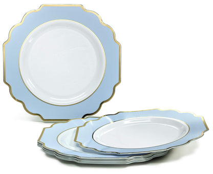 " OCCASIONS " 50 Plates Pack (25 Guests)-Heavyweight Wedding Party Disposable Plastic Plate Set -(25x10.5'' Dinner + 25x8'' Salad/dessert (Imperial in White/Blue & Gold)