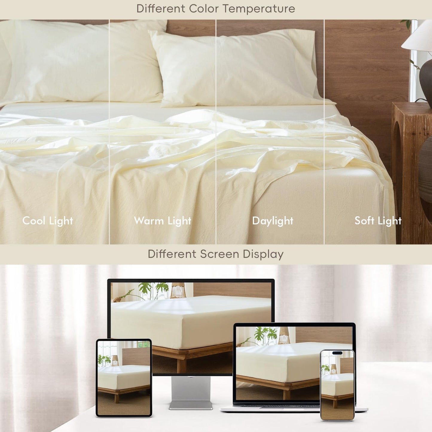 MooMee Fitted Bottom Sheet Only 100% Washed Cotton Linen Like Textured Breathable Durable Soft Comfy Deep Pocket Fits Mattress up to 17" (Cream White, King