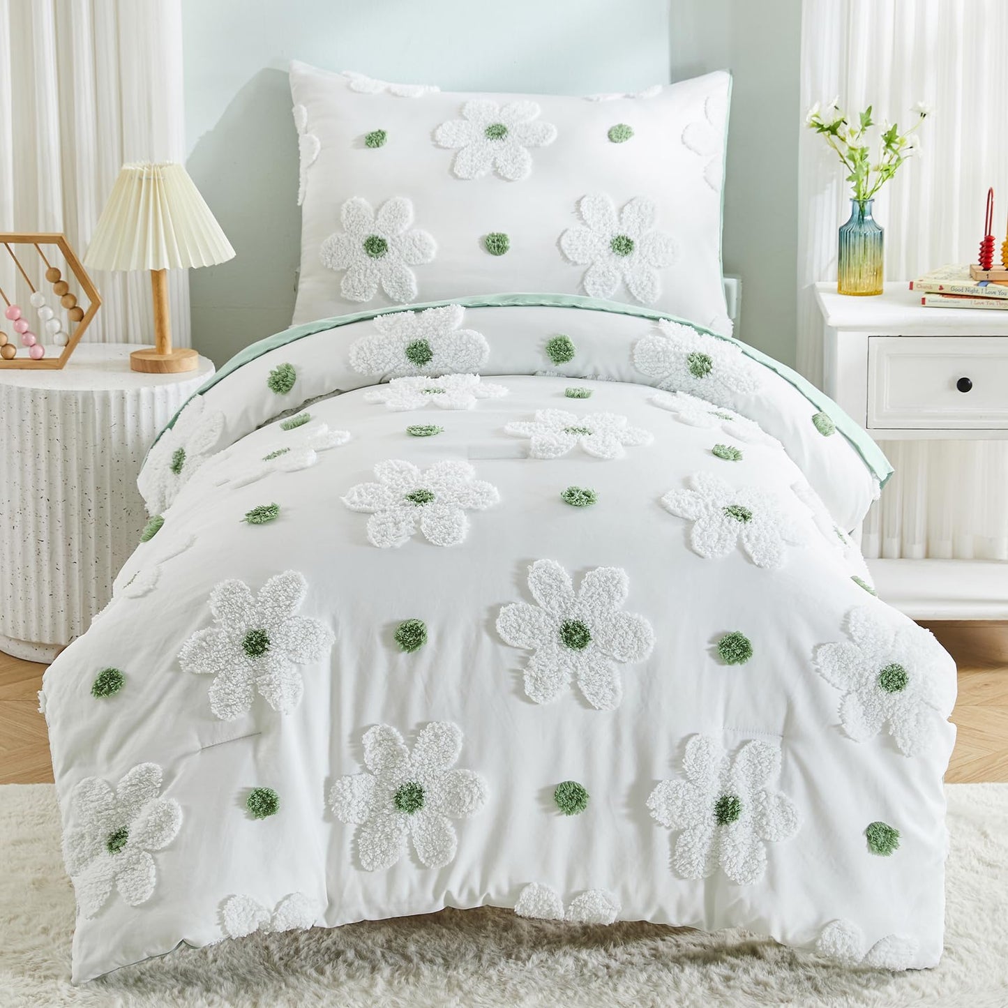 Toddler Bedding Set for Girls 4-Piece Sage Green Boho Tufted Daisy Flowers Toddler Comforter Set Bed-in-a-Bag Toddler Sheets Bedroom Set with Toddler Comforter, Flat Sheet, Fitted Sheet, Pillowcase