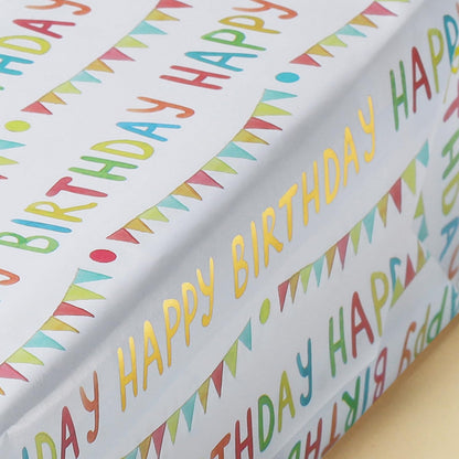 LaRibbons Reversible Happy Birthday Wrapping Paper, Colorful Birthday Lettering with Party Bunting, Stripe & Gold Foil Star Design on Back, Festive Gift Wrap for Party Celebration, Kids, Girls, Women, 17" x 33'