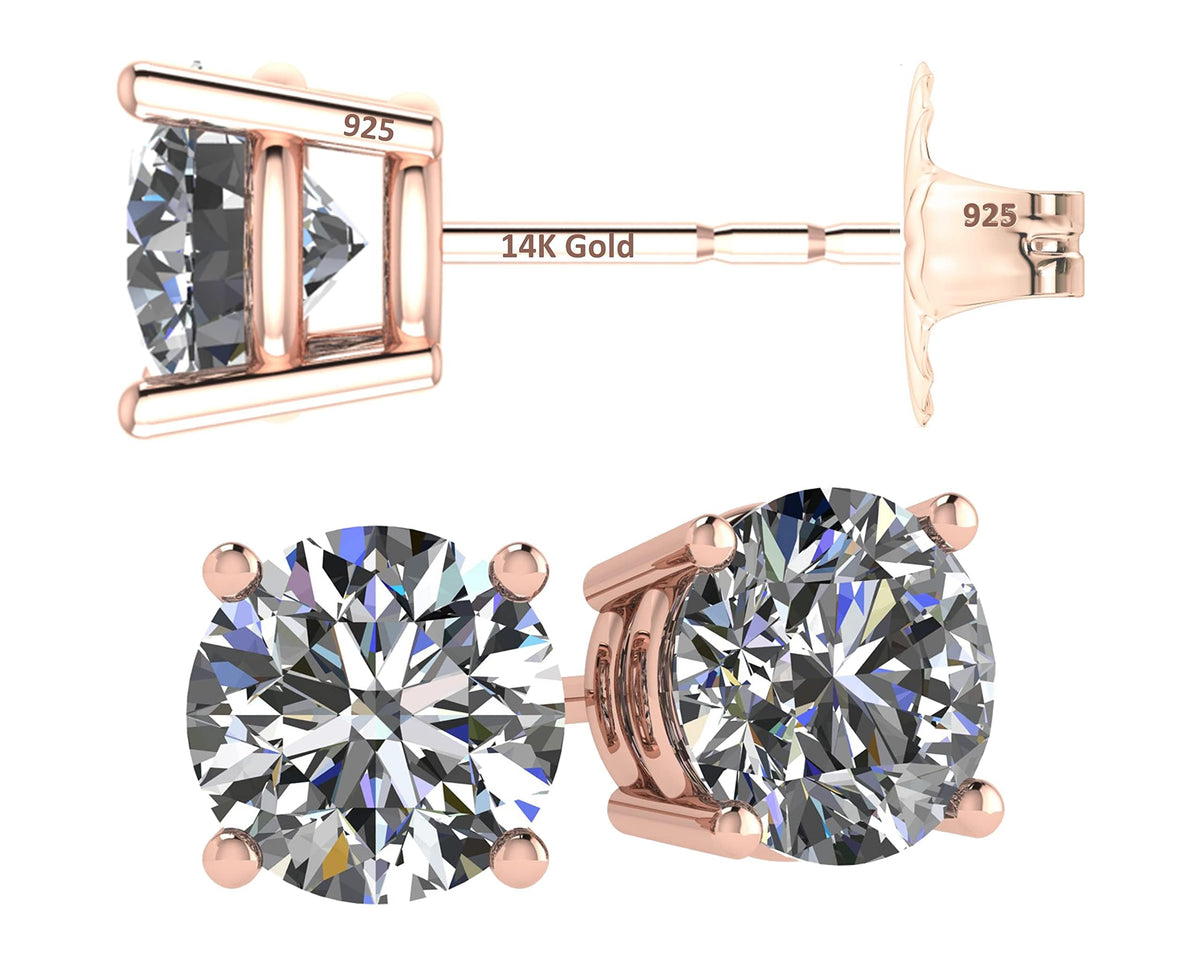 Central Diamond Center 14K Solid Gold Post & Sterling Silver Made with Swarovski 4 Prong CZ Stud Earrings - Rose Gold Plated - 6.50mm - 2.00cttw