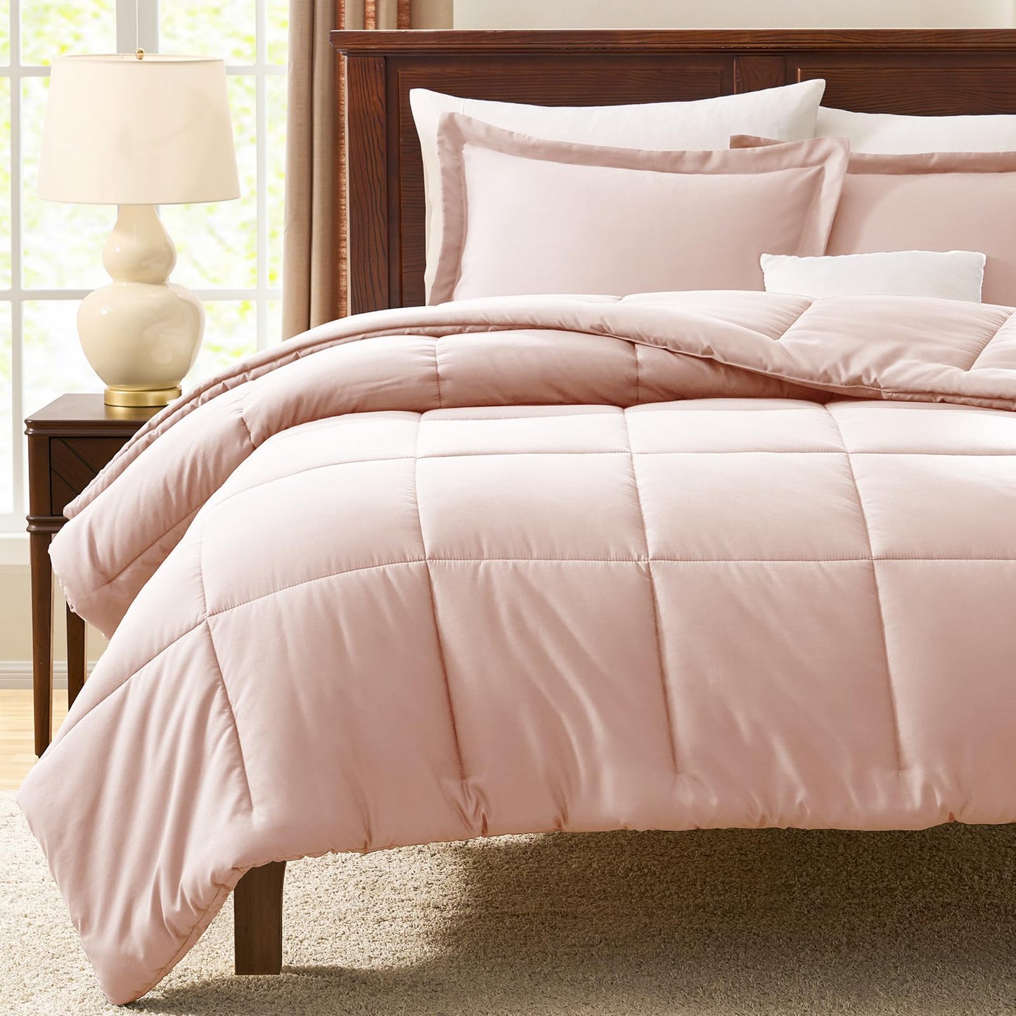 CozyLux Queen Comforter Set - 270GSM Blush Pink Bedding Sets for All Seasons, 3 Pieces Box Stitched Bed Set with 1 Down Alternative Comforter and 2 Pillow Shams, Soft, Lightweight, Breathable