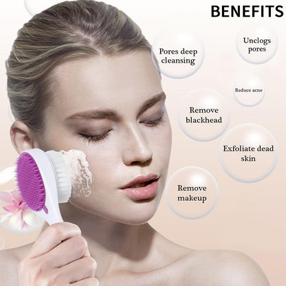2 Pack Facial Cleansing Brush 2 in 1 for Face Exfoliation, Soft Bamboo Charcoal Microfiber Bristle Dual Face Silicone Scrubber Brush for Pore Deep Cleansing Skincare with Lid, Black+Gradient