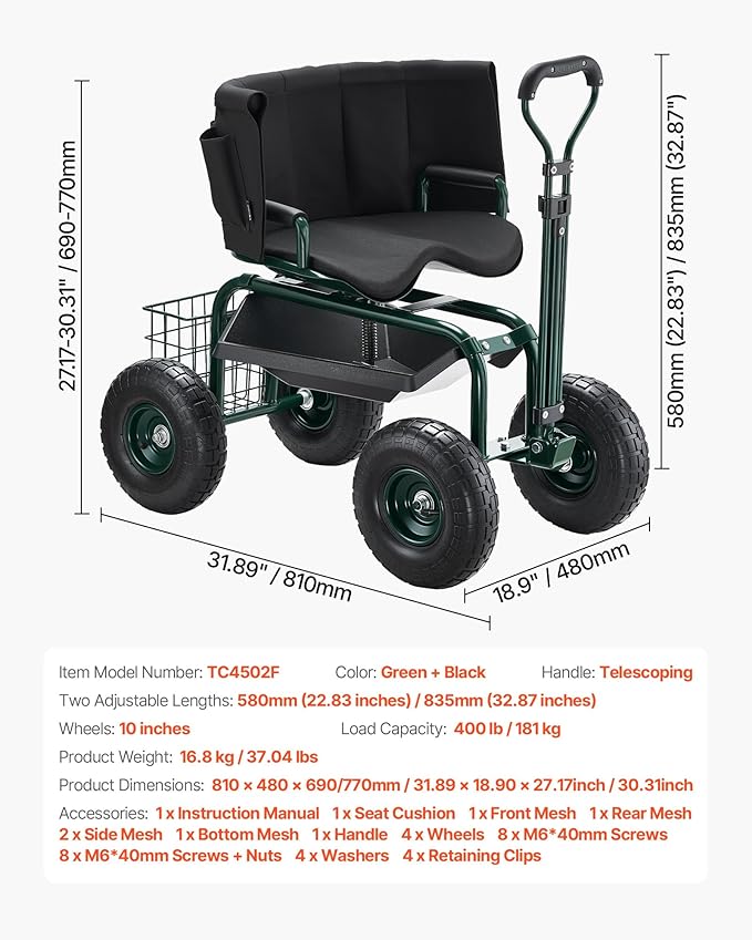 VEVOR Garden Seat with Wheels, Rolling Garden Stool with Height Adjustable & 360° Swivel Seat, 400lbs Weight Capacity, Gardening Cart Bench, Ergonomic Backrest & Tool Storage, for Yard, Patio