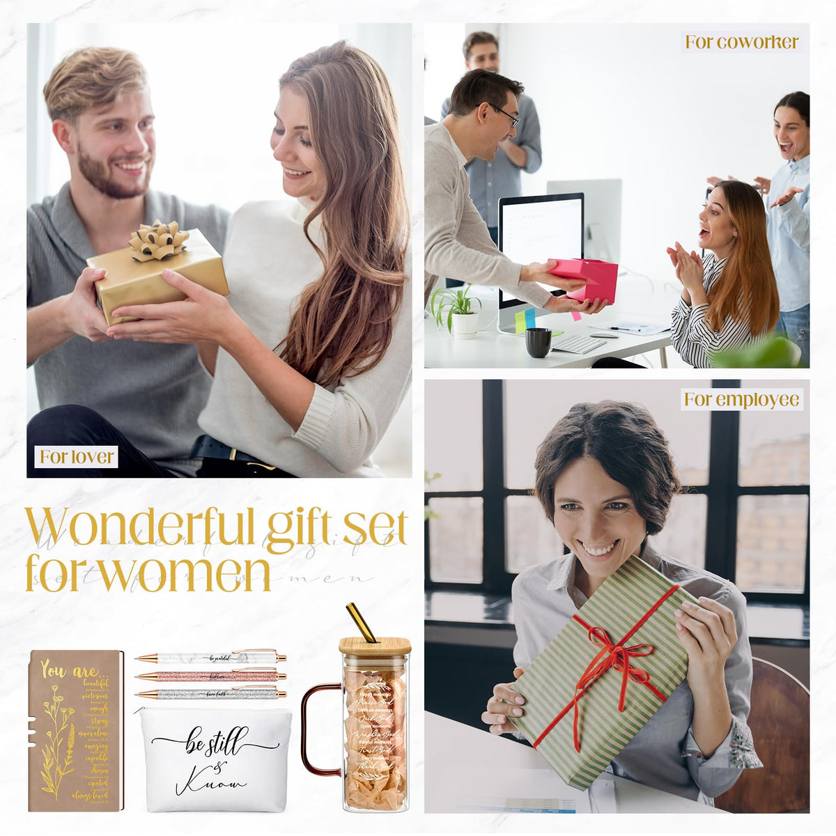 Skylety 6 Pcs Christian Gifts Set for Women Prayer Journal with Pens Makeup Bag Glass Cup Bible Study Supplies for Church Office Teacher Mother's Day Birthday Graduation Religious Gifts(Brown)