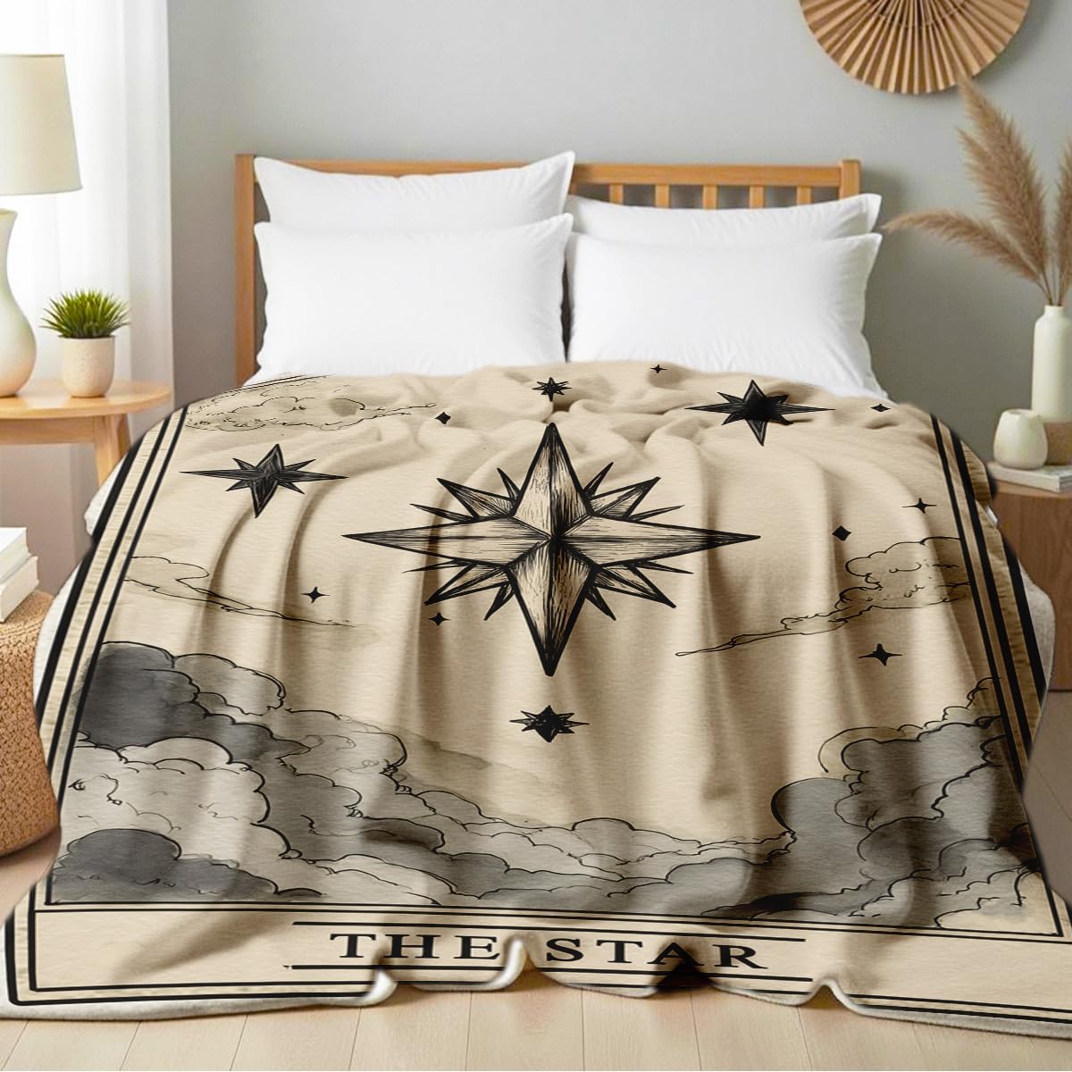 HUNXIAOJ Sun Moon Celestial Print Blanket Boho Celestial Flannel Throw Beige Blanket Throw for Couch Bed Home Living Room Boho Decor Gifts for Kids Adult (59"x78")