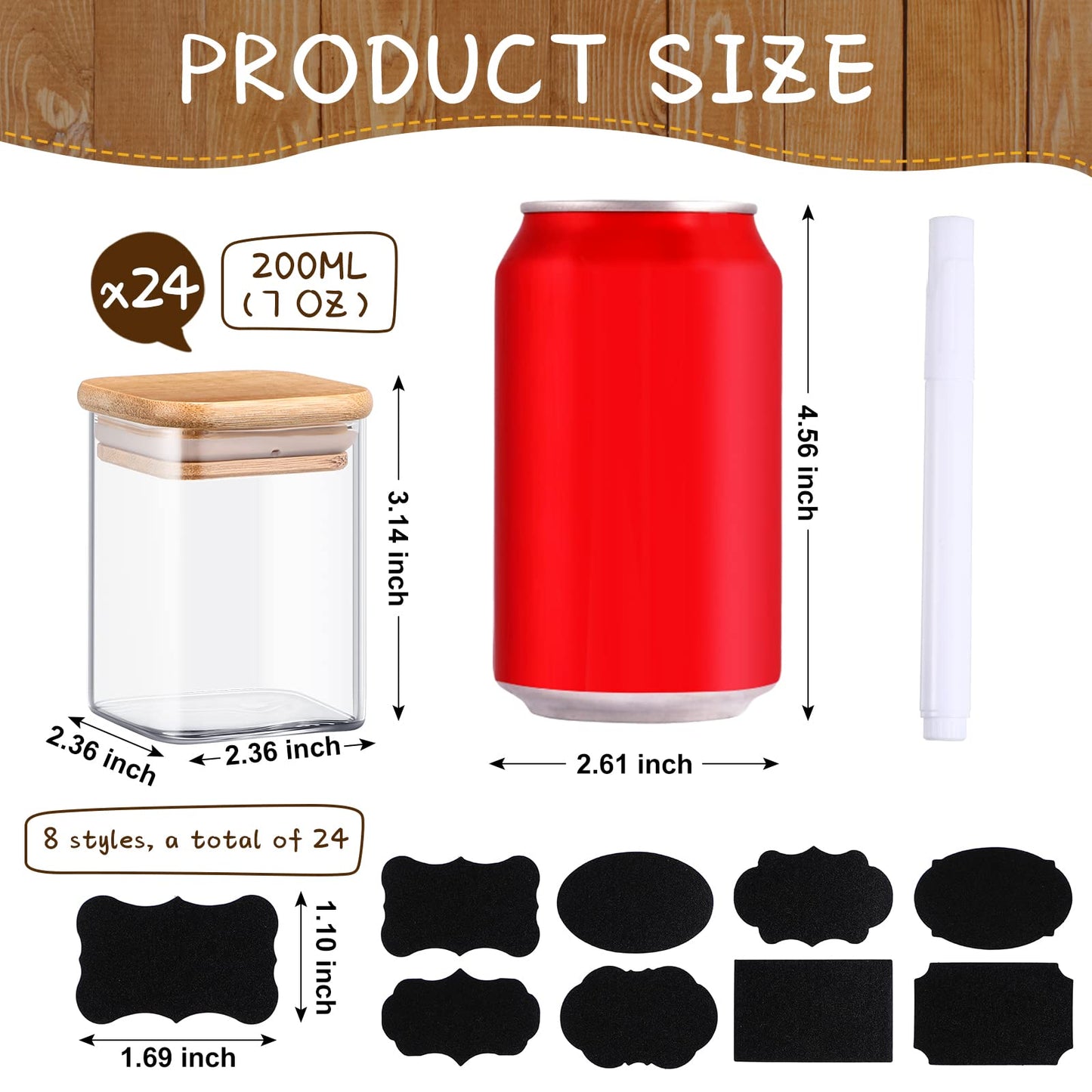 Bokon 24 Pcs Glass Spice Jars with Bamboo Lid 7oz Spice Container with Sticker Labels Pen for Kitchen Sugar Coffee Tea (2.4 x 3.2 inch)