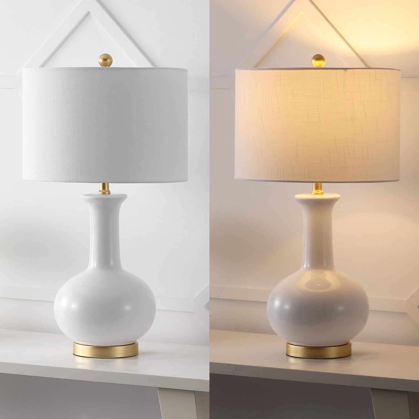 JONATHAN Y 27" White/Gold Ceramic Table Lamp for Living Room Bedroom, Modern Transitional Nightstand Lamp with White Linen Drum Shade, LED Bulb Included JYL6208A