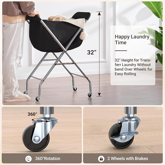 ELYKEN Laundry Cart with Wheels, 32”H Easy Rolling Laundry Hamper with