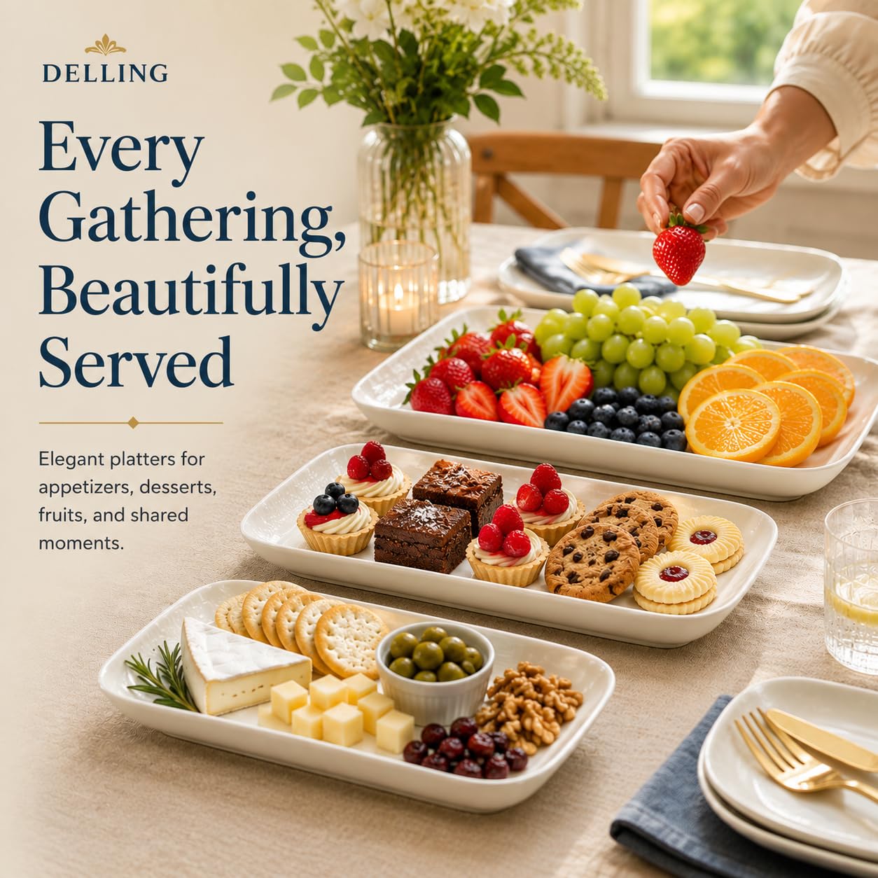 DELLING Large Serving Platter Set of 3, 16/14/12 Inch Porcelain Serving Trays for Party - White Ceramic Rectangular Platters for Entertaining, Appetizer Fruit Tray for Father's Day Shower Dinner