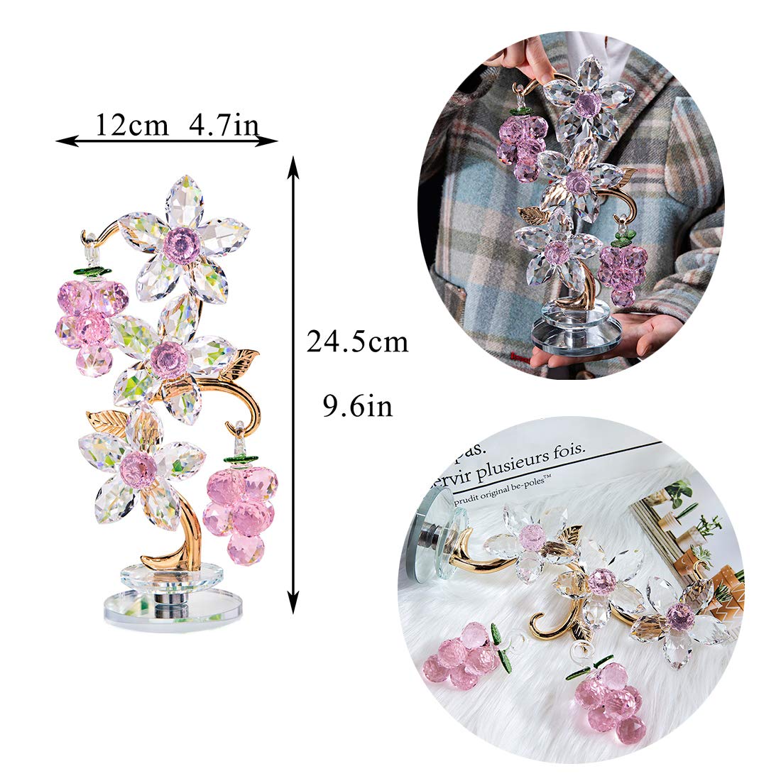 Rotating Pink Crystal Grape Figurine Table Centerpiece Decor
