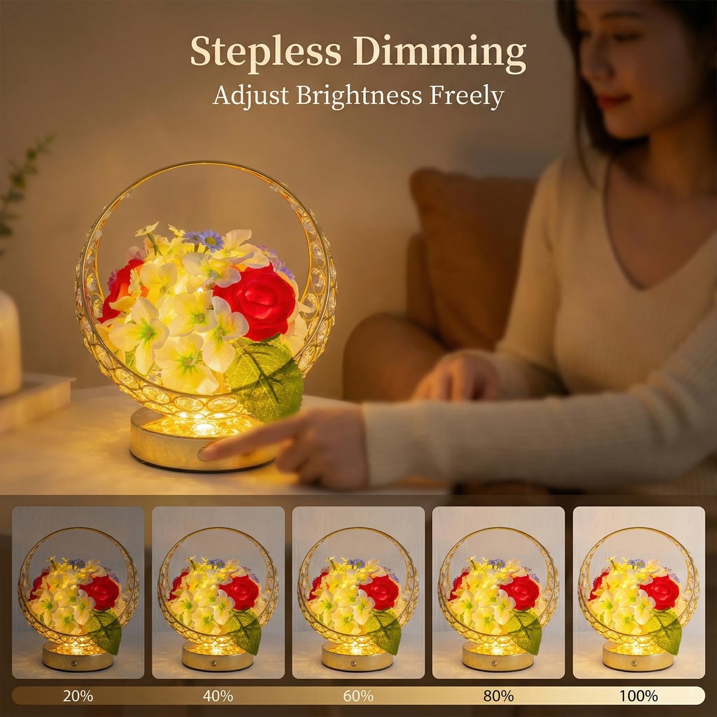 MMHF Rose LED Table Lamp, Modern Gold Crystal Bedside Lamp, Dimmable Touch Control Night Light for Bedroom Living Room Home Office, Romantic Warm Lighting Decorative Lamp