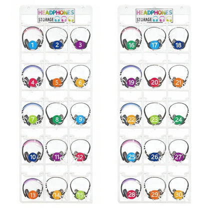 Bifrgmy 2 Pack Clear PVC Classroom Headphone Storage Organizer - 30 Pocket Over-the-Door Hanging Holder Bag for Headphones/Cell Phones, Includes 62 Labels