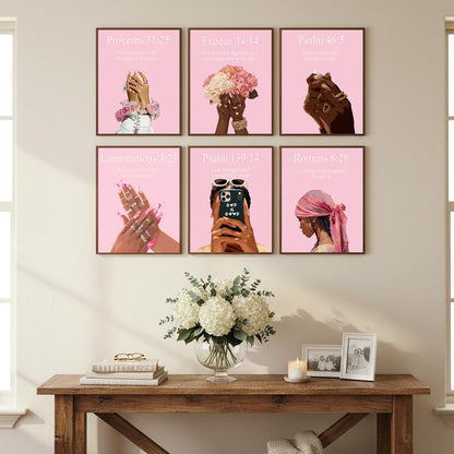 ANVOTIG Pink Christian Black Women Wall Art Prints Set of 9, Preppy African American Bible Verse Posters, Trendy Pink Black Girl Room Decor for Bedroom Bathroom Living Room 8x10 Inch Unframed