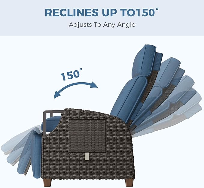 Grand patio Outdoor Recliner with Independent Adjustable Back and Footrest, Air Pump 150° Lay Flat Reclining Chair Removable Olefin Cushion Flip-Up Table Wicker Peacock Blue 1PC
