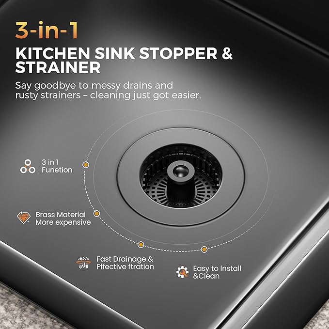 3-in-1 Kitchen Sink Strainer & Stopper, Matte Black Pop Up Drain Filter –