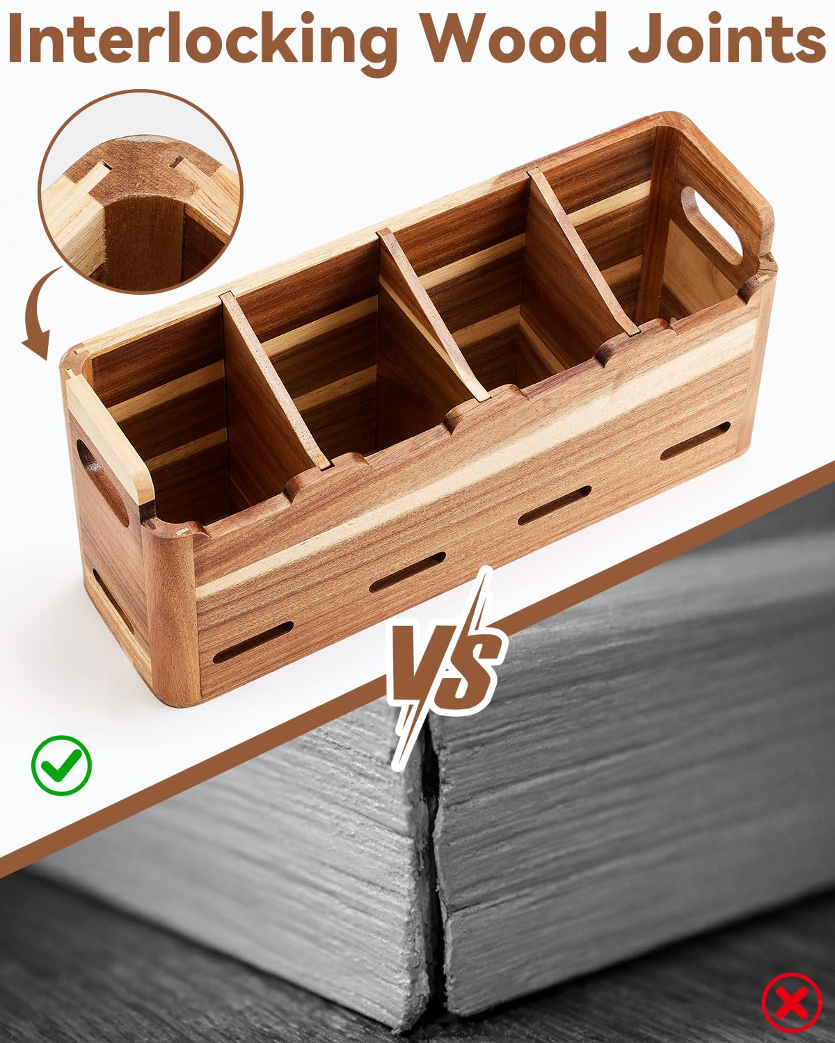 YEZHEXI Acacia Wood Utensil Holder for Kitchen Counter, 4-Compartment Large Kitchen Utensil Organizer, Wood Utensils Organizer for Cooking Tools and Silverware, Farmhouse Kitchen Decor