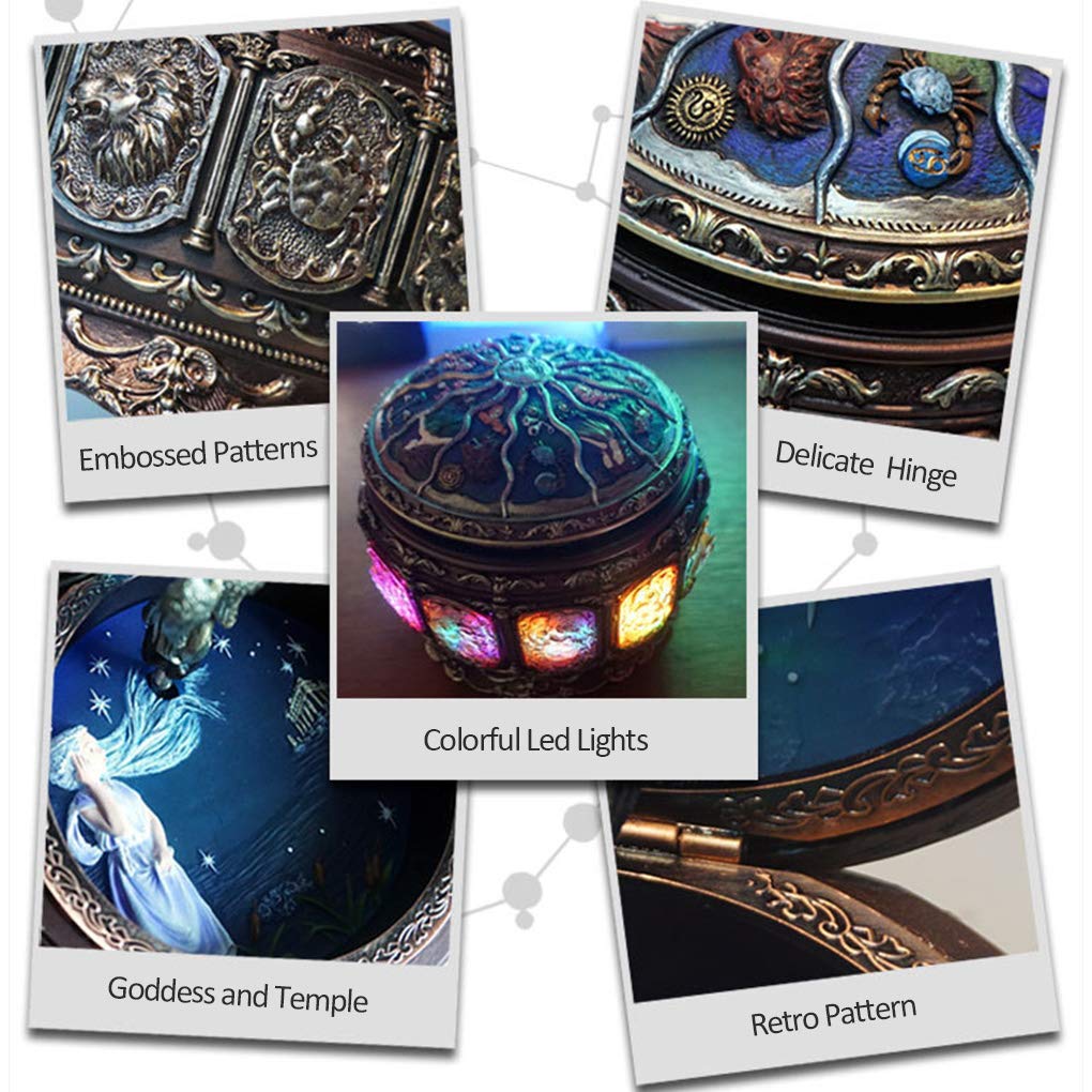 Vintage Music Box with Constellations Rotating Goddess LED Lights Twinkling Resin Carved Mechanism Musical Box with Sankyo 18-Note Wind Up Signs of The Zodiac Gift for Birthday (A1 Upgraded)