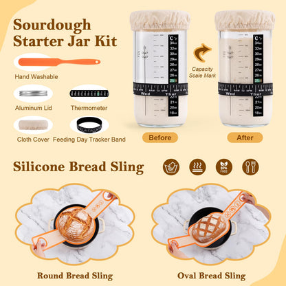 REMEIT Sourdough Starter Kit with Banneton Bread Proofing Basket Set, 9" Round & 10" Oval Proofing Basket, Sourdough Bread Baking Supplies with Starter Jar, Bread Lame, Dough Whisk and Baking Tools