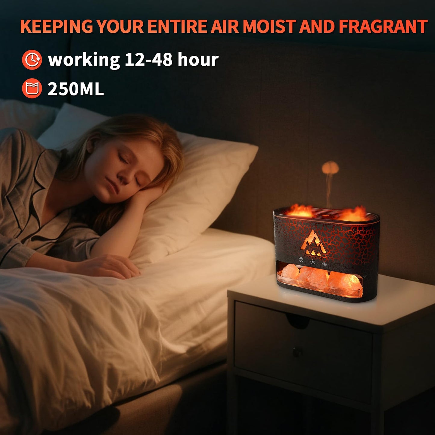 Essential Oil Diffuser 250ML, Aromatherapy Diffuser with Himalayan Pink Salt Rock,2 falme and Jellyfish Diffuser with Colorful Night Lights,Diffusers for Home,Bedroom(Black Crack Transparent)