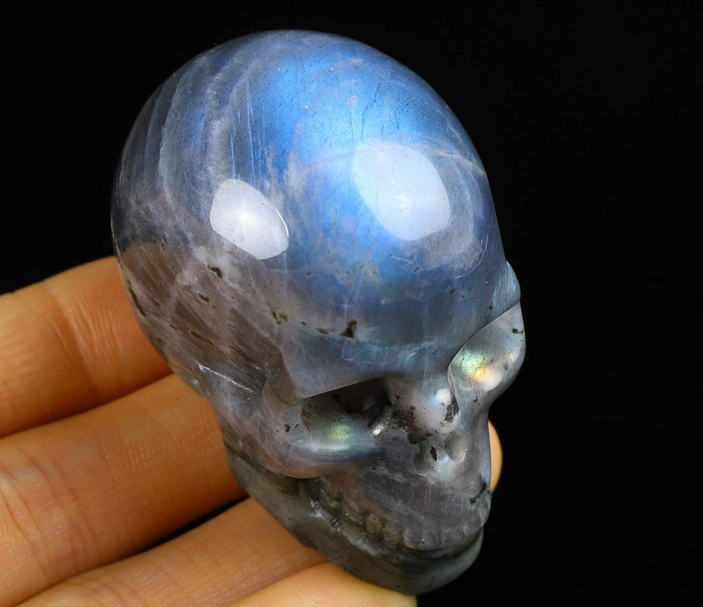Skullis 2.0" Labradorite Crystal Skull Head, Hand Carved Gemstone Fine Art Sculpture, Reiki Healing Stone Statue.
