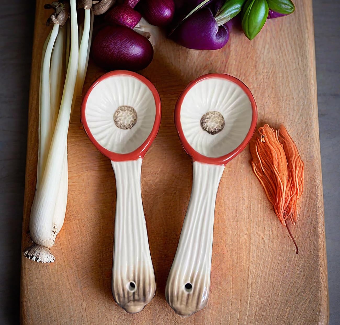 RESVUGA Mushroom Spoons - Asian Ceramic Soup Spoon Set of 2, Safety Ceramics - Use for Noodle, Dessert, Breakfast, Soup.
