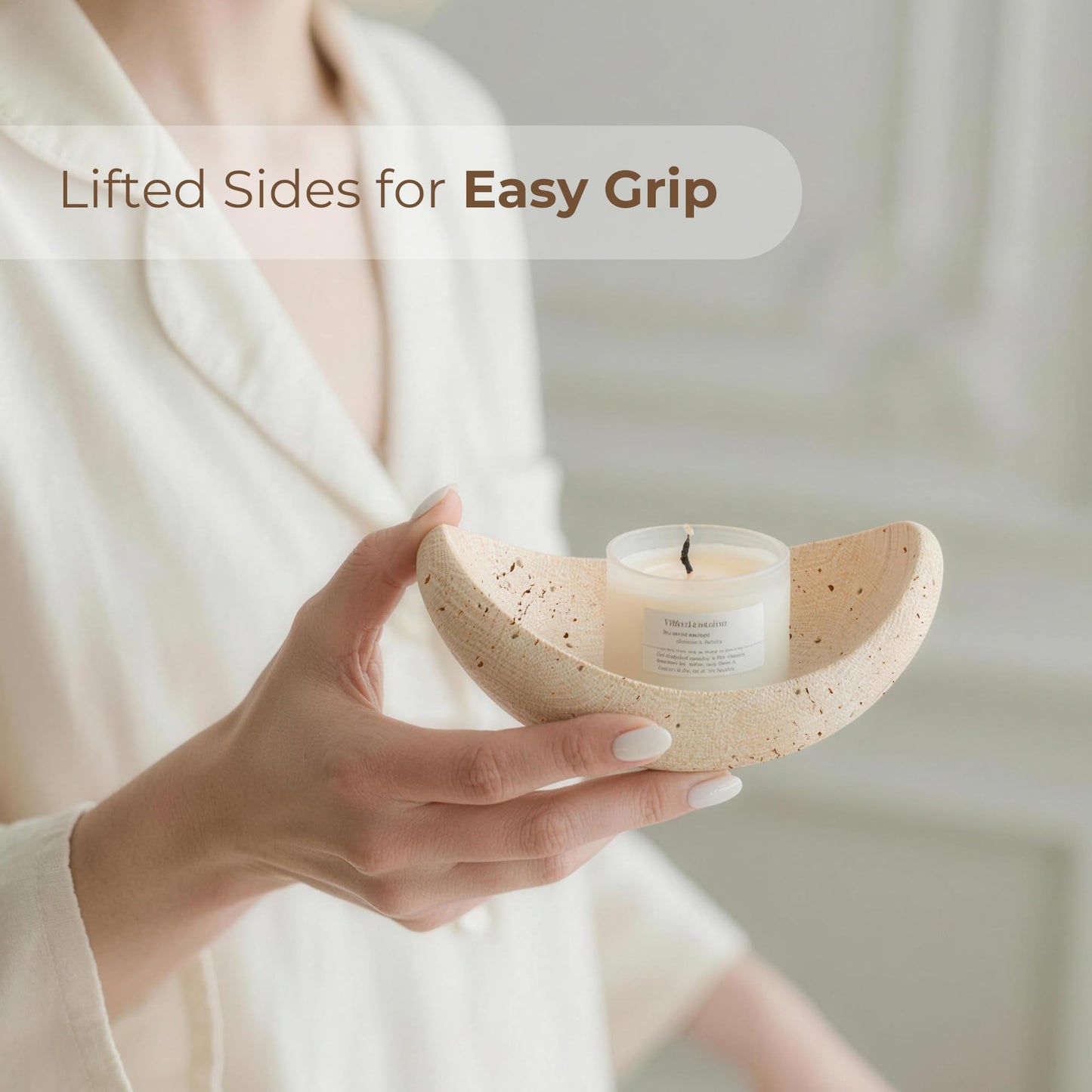 WORHE Candle Holders Italy Premium Natural Travertine Stone Candlestick Holder for Jar Pillar Candles Boat-Shaped Marble Jewelry Tray Centerpiece for Wedding Dining Table Home Decor Beige (WH093)