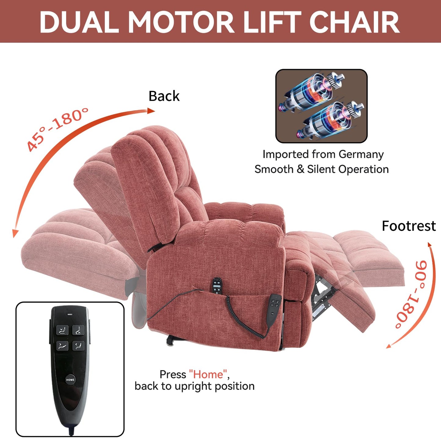 KEIKI Oversized Dual Motor Power Lift Recliner Chair for Elderly, Chenille Upholstery Breathable Rocking Chair with Back Massager and Heated, Home Theater Relaxation and Movie Nights, Red