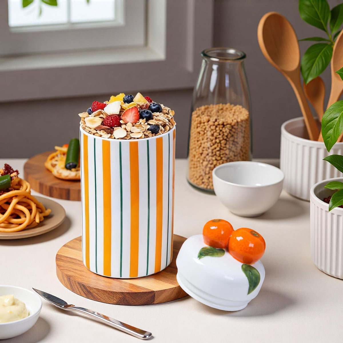 Iryanthos Cookie Jar with Airtight Lid, 9.65" H Ceramic Food Storage Containers for Kitchen Countertop Decor, Personalized Striped Jars with Orange-shaped Lid, For Candy Tea Coffee Spices Nut Honey
