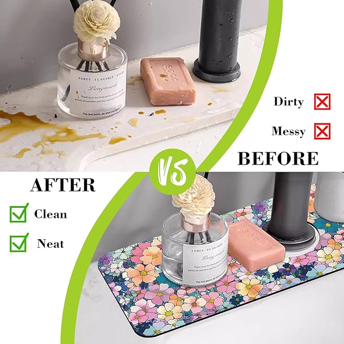 Sink Faucet Absorbing Mat Cute Flowers Sink Splash Guard Drying Mat
