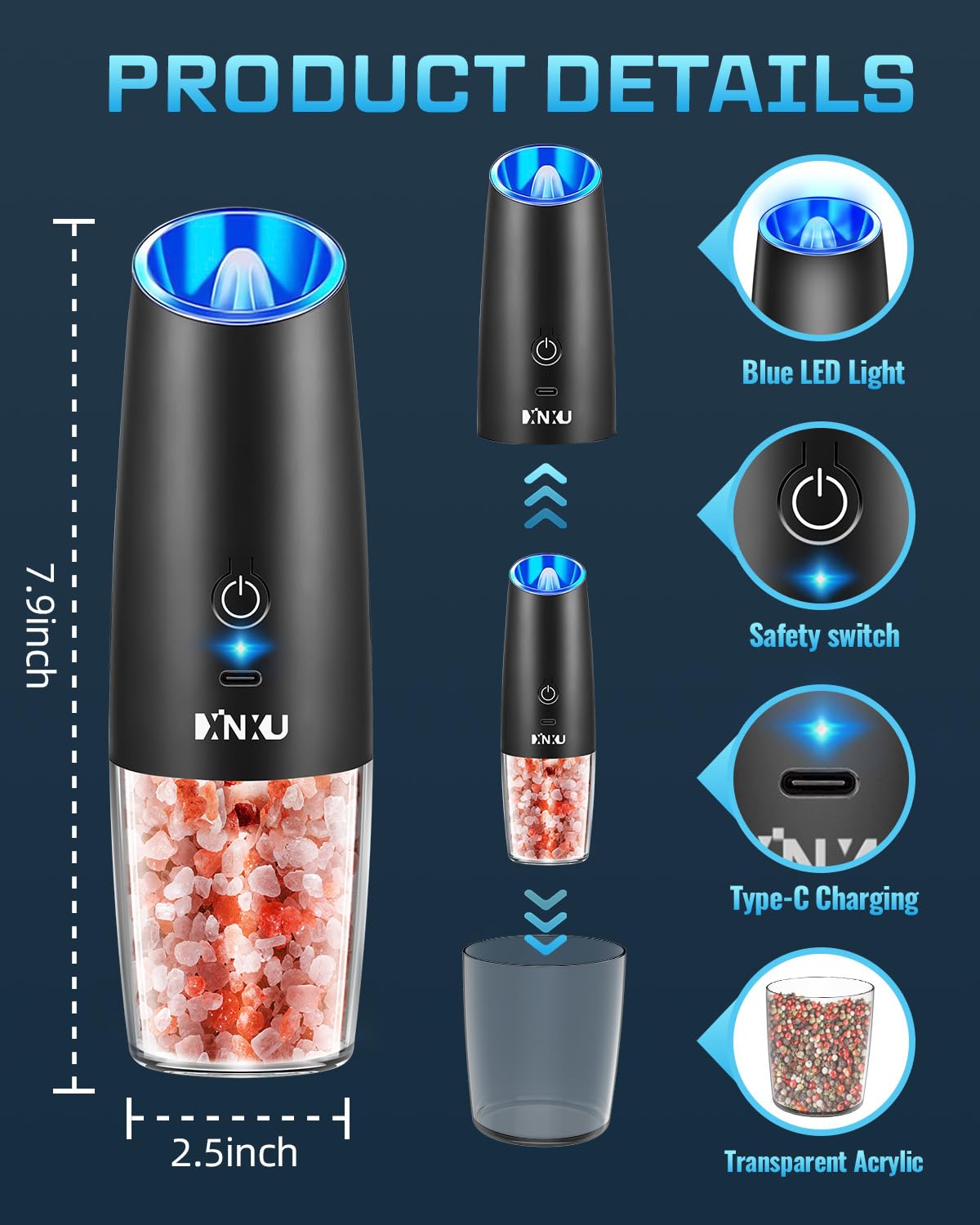 XinXu Rechargeable Pepper and Salt Grinder Set, whit Gravity Sensing Switch and LED Light, One Hand Automatic Operation -Black/2 Pack