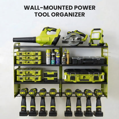 TimberAura 4-Tier Heavy Duty Power Tool Organizer, 600lbs Capacity Reinforced Steel Drill Rack with Side Accessory Mounting Studs, High-Visibility Wall Mount Storage, Fluorescent Green