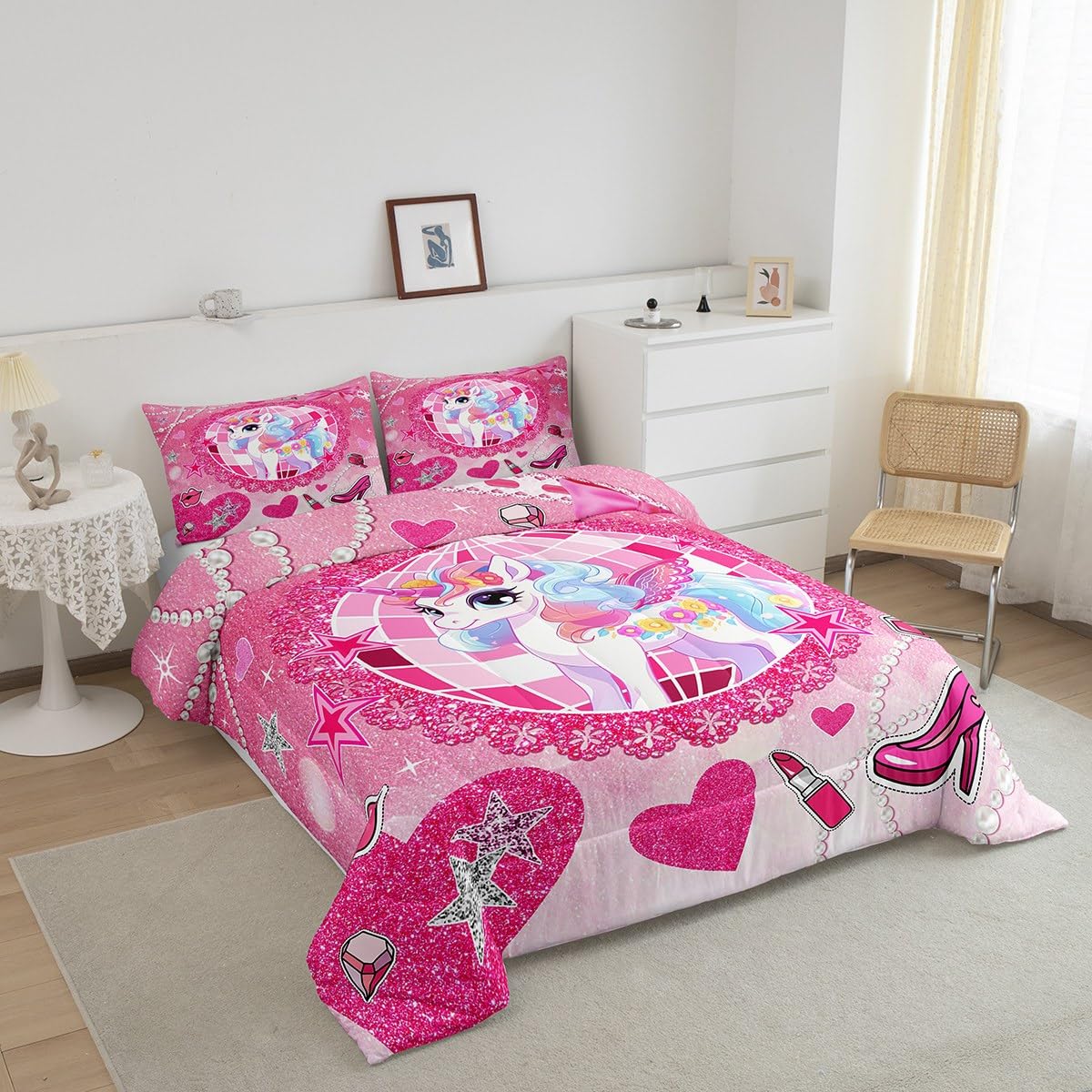 Cartoon Unicorn Kids Comforter Set Queen Size,Bowknot High-heeled Shoes Lip Romantic Bedding Set,Girls Women Room Decor,Stars Sparkling Princess Down Comforter,Pink Cute Duvet Insert,2 Pillowcases