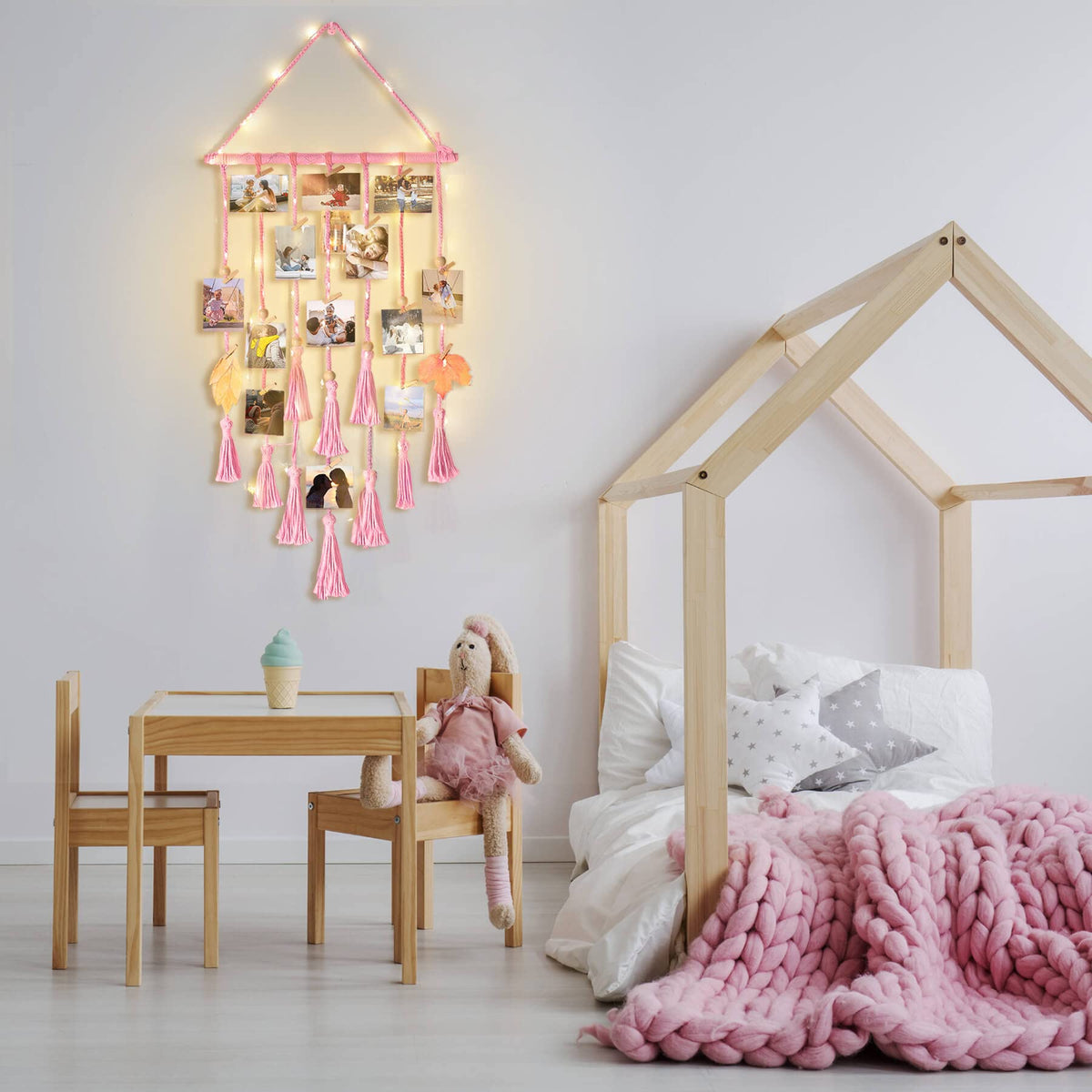 Hanging Photo Display Wall Decor, Pink Macrame Wall Hanging Boho Room Bedroom Decor, Picture Frame Collage with Remote Light & 30 Clips, Christmas Teenage Teen Girl Gifts Ages 10 11 12 13 14 Years Old