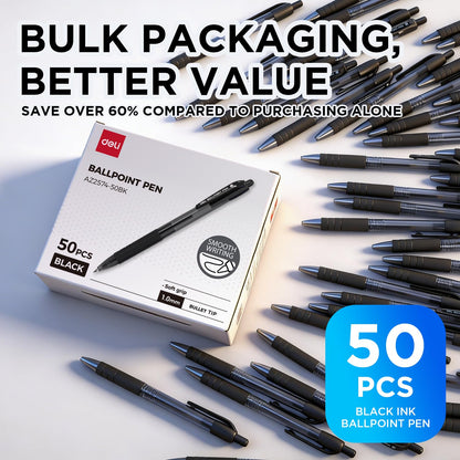 deli Pens Bulk,50 Pack Ballpoint Pens Black Ink 1.0MM Medium Point, Smooth Writing Retractable Pen with Soft Grip, No Bleed,Fast Dry,for Office School Home Use