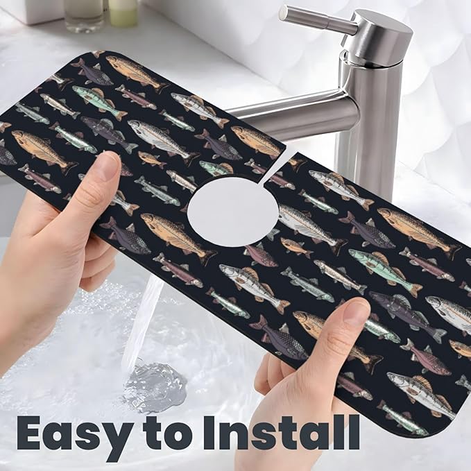 Vintage Fish Fishes Ocean Fishing Kitchen Sink Splash Guard Faucet Mat Super