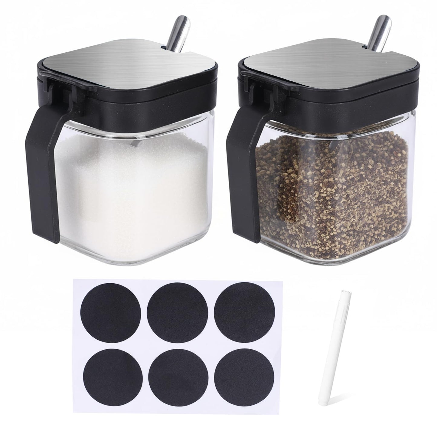 Mowhut Clear Seasoning Containers, 2 Pieces Condiment Containers with Stainless Steel Lids and Spoons, Glass Salt and Pepper Shakers, Sugar Dispenser for Salt Sugar Tea Herbal Coffee Beans