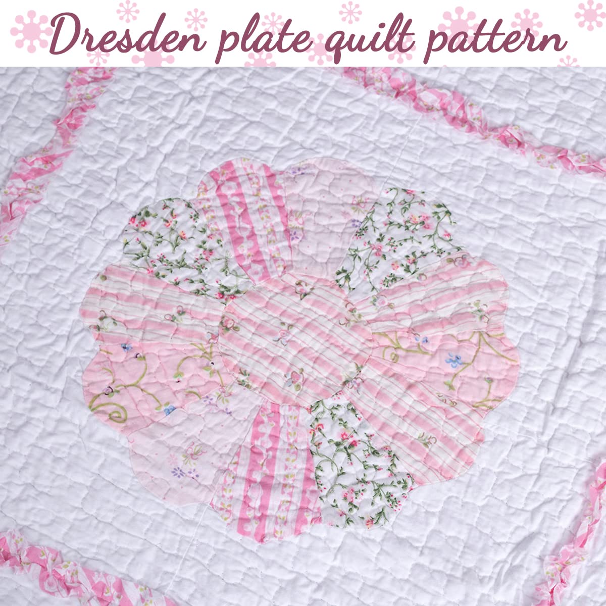 Cozy Line Home Fashions 100% Cotton Real Patchwork Pink Flora Dresden Plate Reversible Quilt Bedding Set, Coverlet, Bedspread (Daisy Field, Queen - 3 Piece)