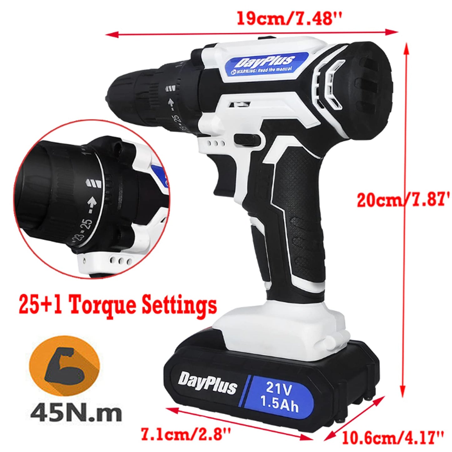 VickyHome 21V Cordless Power Drill Set, 2 Speed Electric Screwdriver Drill, 45NM Torque Battery Power Combi Drill, LED Work Light, Spirit Level, 3/8" Keyless Chuck, 26PCS Drill Bits, Carry Case