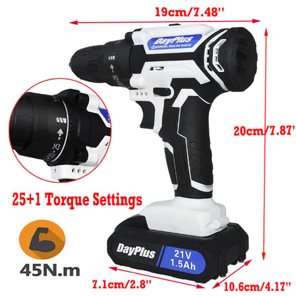 VickyHome 21V Cordless Power Drill Set, 2 Speed Electric Screwdriver Drill, 45NM Torque Battery Power Combi Drill, LED Work Light, Spirit Level, 3/8" Keyless Chuck, 26PCS Drill Bits, Carry Case