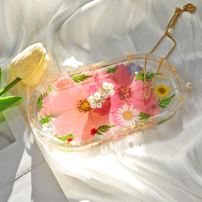 Britrio Pressed Flower Resin Jewelry Tray Decorative Vanity Trinket Dish for Women Rings Earrings Necklaces Keys Makeup Desk Organizer Holder Plate Home Decor Gift 6.93''x3.62''