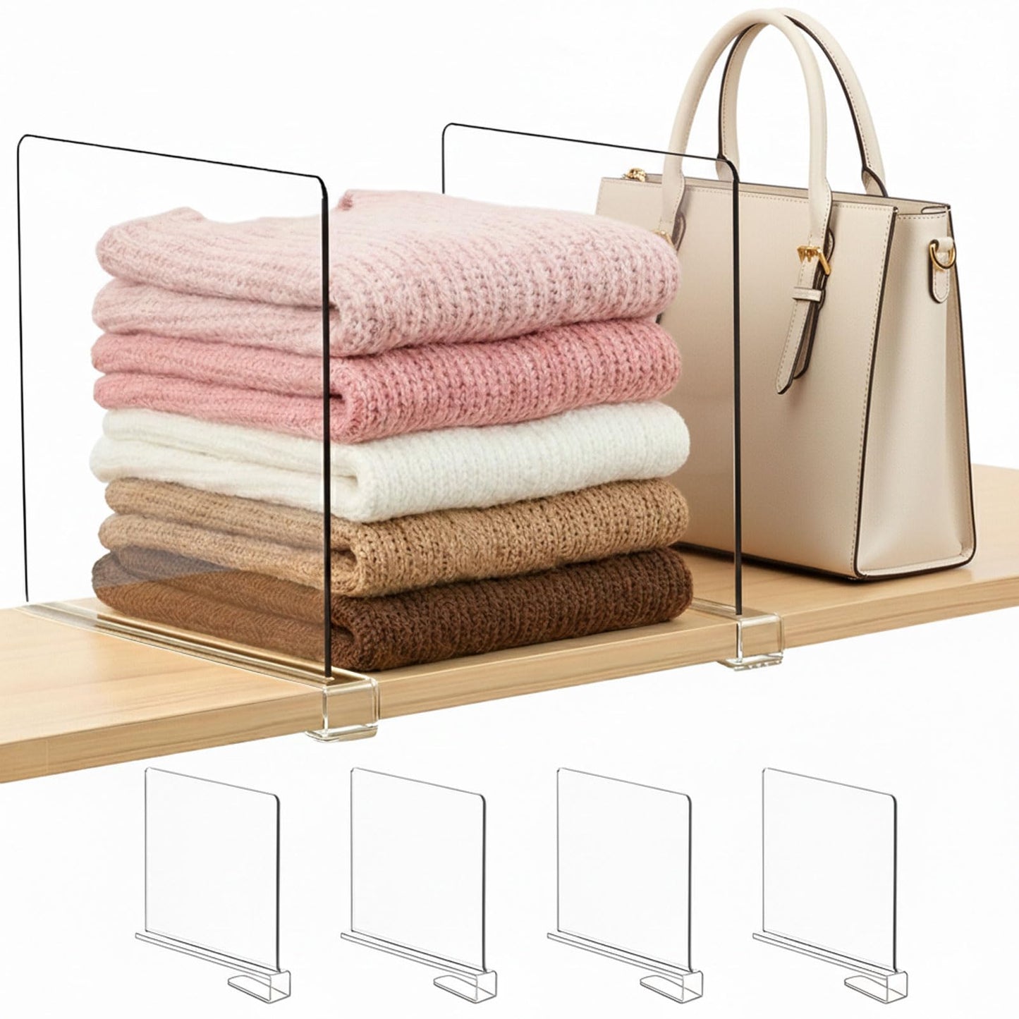 Saccik Purse Organizer for Closet Shelf Dividers: 11-inch Tall (Higher Version) Adjustable Clear Acrylic Bag Storage Organizer for Handbags, Sweaters, Towels, Jeans and Shoes on Wood Shelves 4-Pack