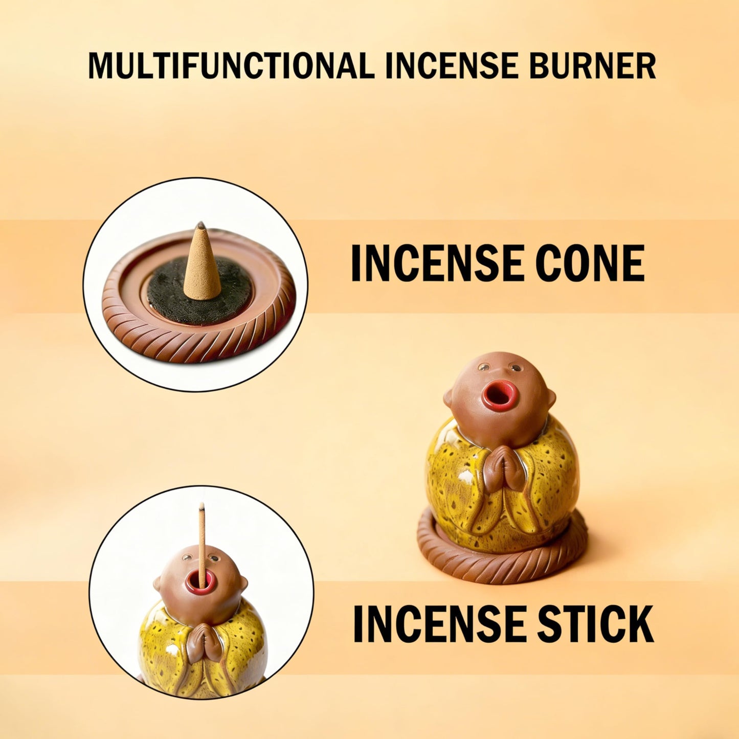 Ceramic Little Monk Incense Burner for Cones & Sticks, Cute Buddha Incense Holder with Mouth Smoke Effect, Zen Home Decor Meditation Gifts