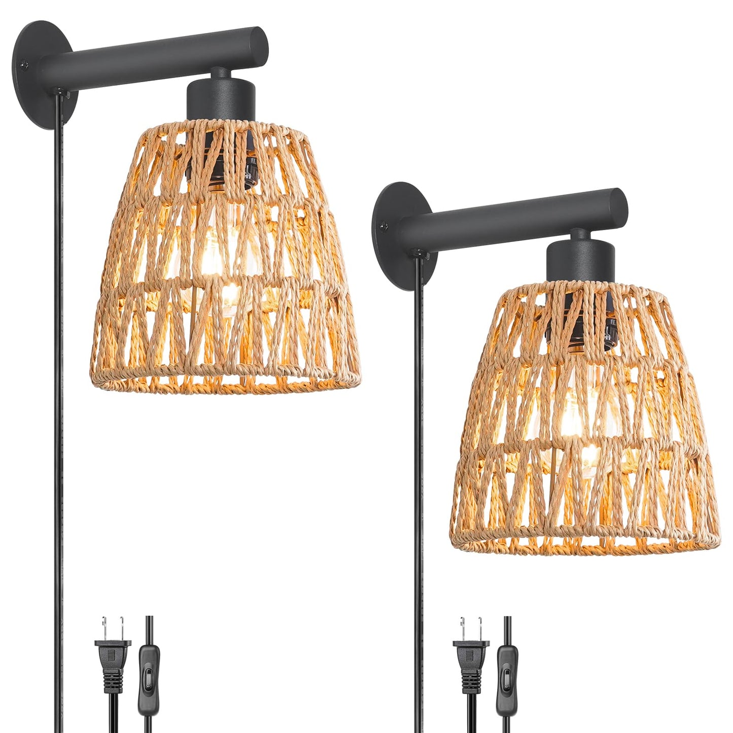 Boho Plug in Wall Sconce Set of 2 – Black Farmhouse Wall Lights with Rattan Shade | Bedroom & Living Room Plug in Wall Lamps for Sofa (5.9FT On/Off Switch Cord)