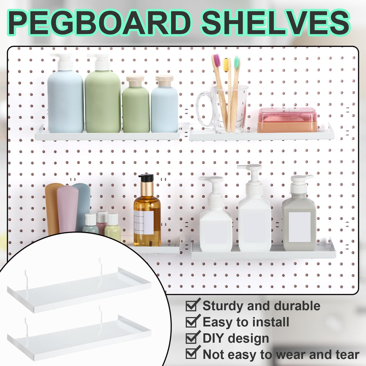 Lineshading 4 Pcs Pegboard Shelves, 12 x 5 Inch Metal Shelf Brackets Pegboard Tray Accessories Wall Organizer for Craft Room Home Garage Nursery Workbench Kitchen (White)