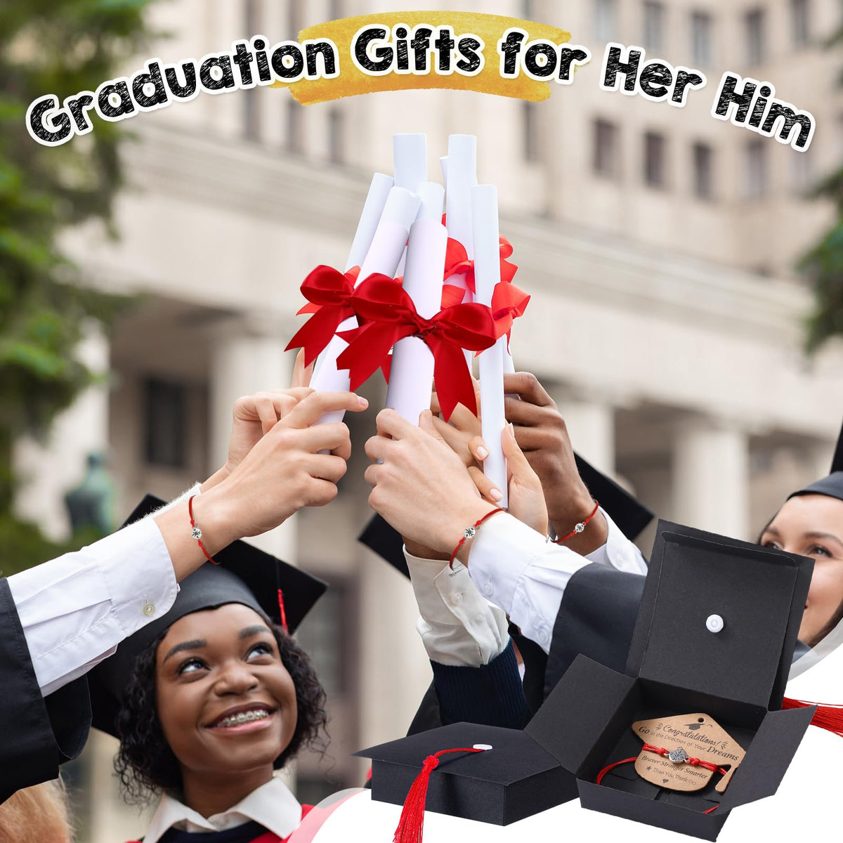 Cunno 50 Sets 2026 Graduation Gifts Bulk Include 50 Compass Bracelet 50 Graduation Cap Box with Tassel 50 Congratulations Cards, Party Favors Party Supplies for Him Her(Black Red)