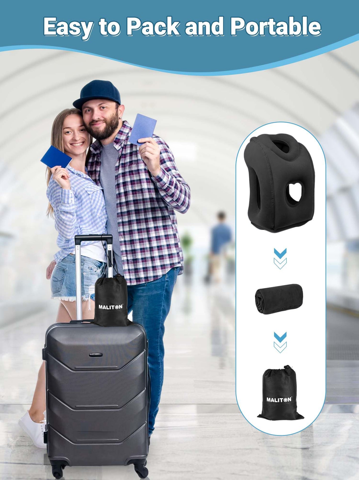 Maliton Inflatable Travel Pillow for Airplane Comfortable Sleeping to Relieve Neck and Shoulder Pain, Support Head Inflatable Pillow for Long Flights, Used for Airplanes, Cars, Trains, Office(Black)