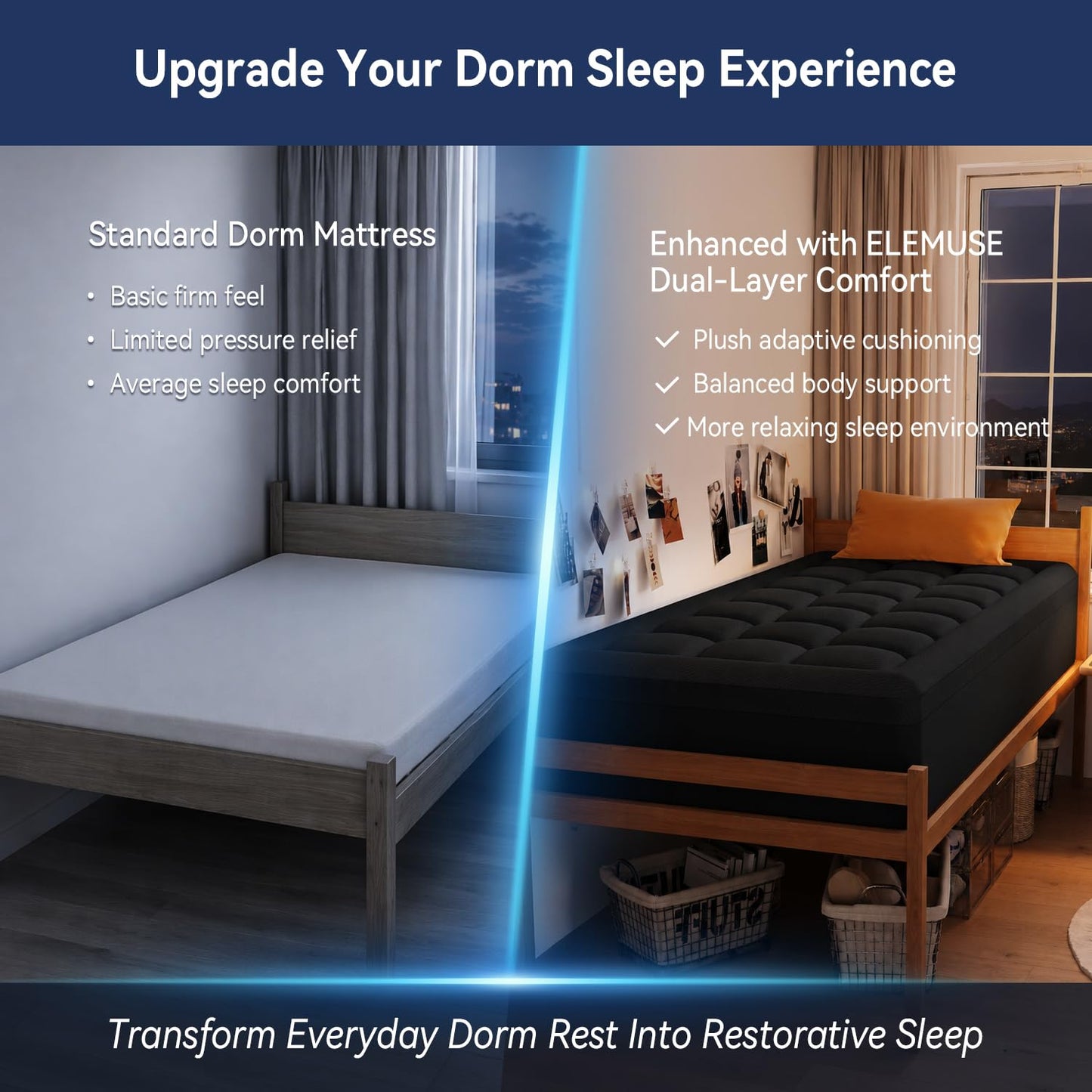 ELEMUSE 3 Inch Dual Layer Memory Foam Mattress Topper Twin XL, Dorm Room 2 Inch Cooling Gel Memory Foam Plus 1 Inch Down Alternative Pillowtop Mattress Pad,College Essential, Comfort Support, Black